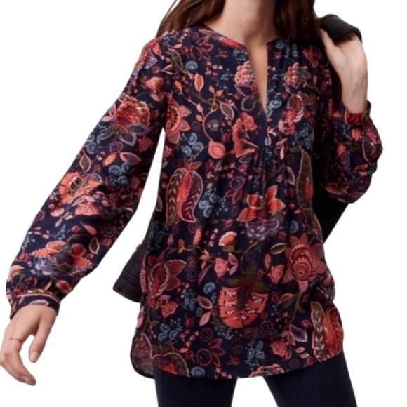 Ann Taylor LOFT Split Neck Navy Coral Boho Floral Long Sleeve Blouse Women Sz S - Picture 2 of 8